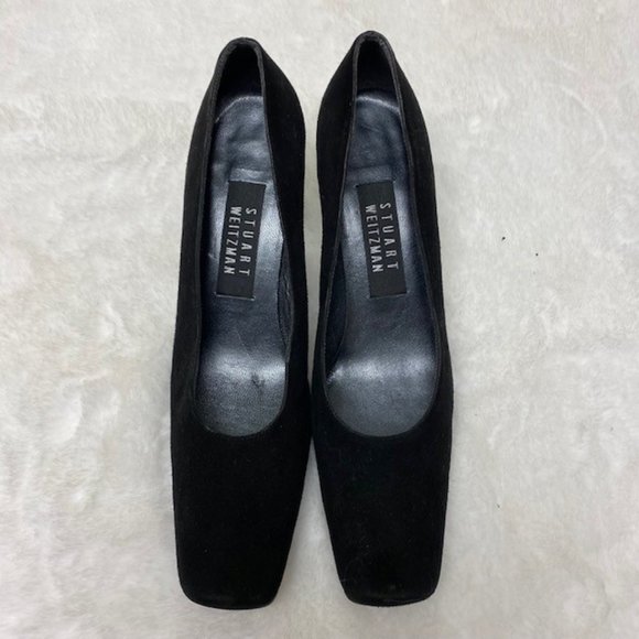 90's Stuart Weitzman Square‎ Toe Black Suede Pumps w/Black Lucite Plastic Heels - Picture 1 of 7